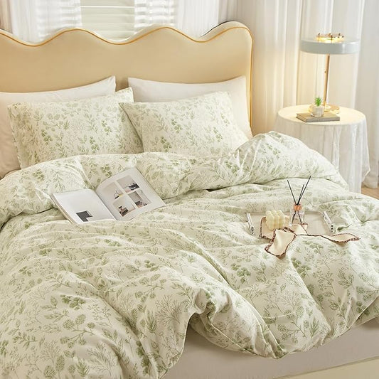 HighBuy 3 Pieces Duvet Cover Full Size White Duvet Cover with Green Floral Print,Coquette Soft Cotton Comforter Cover Boho Style,Aesthetic Full Bedding Set with Zipper Closure 4 Ties,All Season