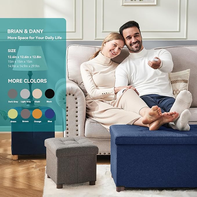 BRIAN & DANY Ottoman with Storage, Small Storage Ottoman for Dorm, Linen Folding Ottoman Foot Stool with Legs for Living Room and Bedroom, 14.8"x14.8"x16.1" - Blue