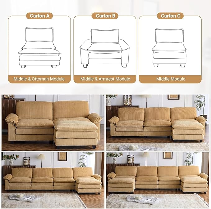 VINGLI 121" L Shape Sectional Couch, Convertible Sectional Couch for Living Room & Apartment,Modern 3-Seat Convertible Modular Sofa with 1 Ottoman，Corduroy,Khaki