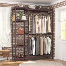 Homykic Bamboo Clothes Rack Garment Rack for Hanging Clothes, Heavy Duty Clothing Rack with 7 Tiers Adjustable Shelves, Double Rods, 4 Hooks, Freestanding Closet System Organizer Wardrobe, Espresso