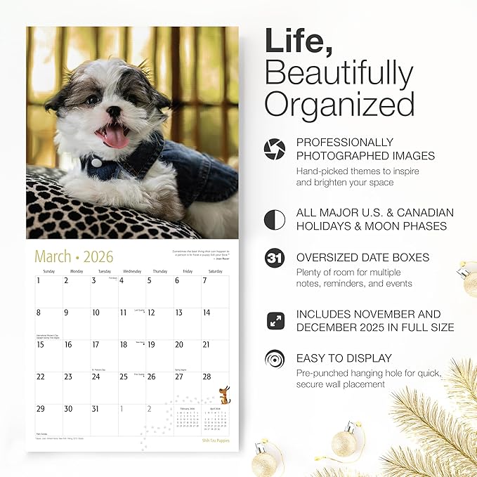 RED EMBER Shih Tzu Puppies 2026 Wall Calendar 12 Month | 12" x 24" Open | Thick & Sturdy Paper | Holiday Gift | Cute Puppy Dog Calendar 2026