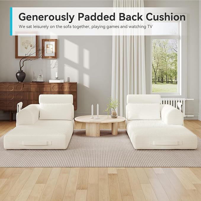 Upgrade High Backrest Design Sofa Bed with Fixed-Shape Frame & Removable Armrests and Backrest, Corduroy Fabric, Convertible Mattress Couch for Small Spaces - No Assembly Neede (High Backrest Beige)