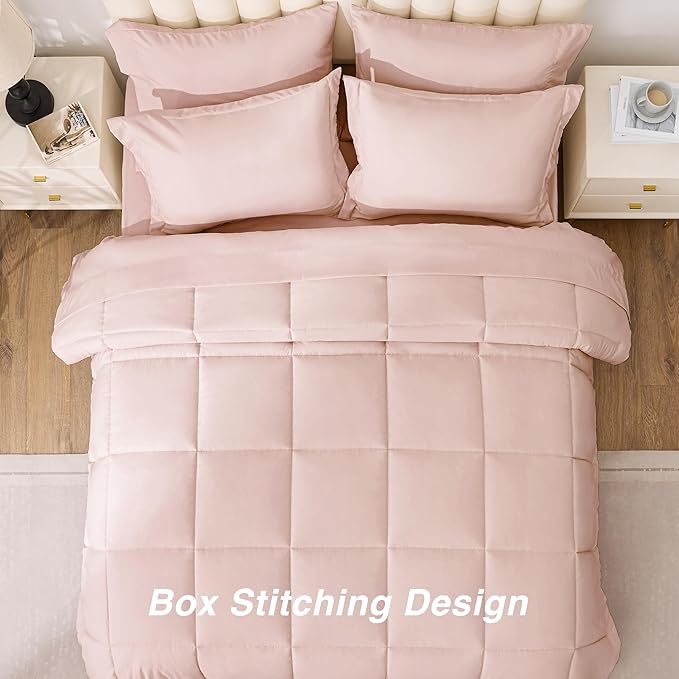 Love's cabin Queen Comforter Set Blush Pink, 7 Pieces Queen Bed in a Bag, All Season Bedding Sets with 1 Comforter, 1 Flat Sheet, 1 Fitted Sheet, 2 Pillowcase and 2 Pillow Sham
