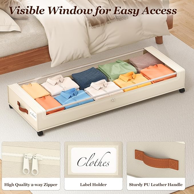 Yecaye Under Bed Storage with Wheels 2 Pack, 85L Extra Large Under Bed Storage Containers with Metal Frame & Clear Lid, Rolling Underbed Organizer Bins Drawers for Clothes, Shoes, Blankets, Beige