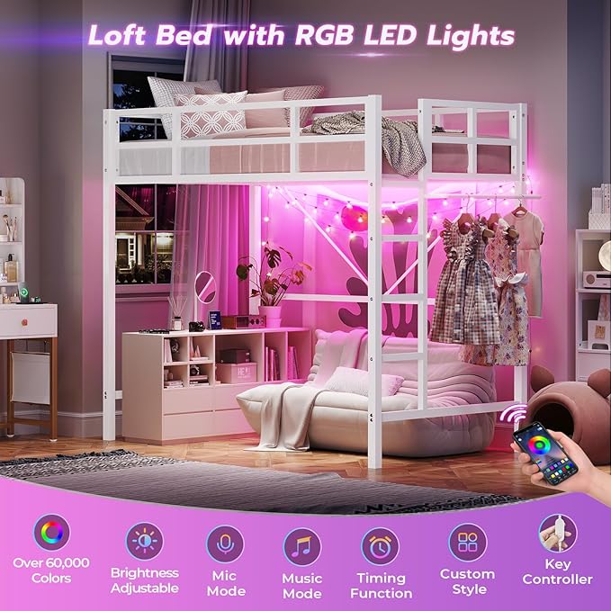 DICTAC Loft Bed Twin Size with Ladder and Guardrail,Metal Twin Loft Bed for Kid/Teen with Led Lights,Small Space Saving Furniture Design for Bedroom,Kid Room and Dorm,No Box Spring Needed, White