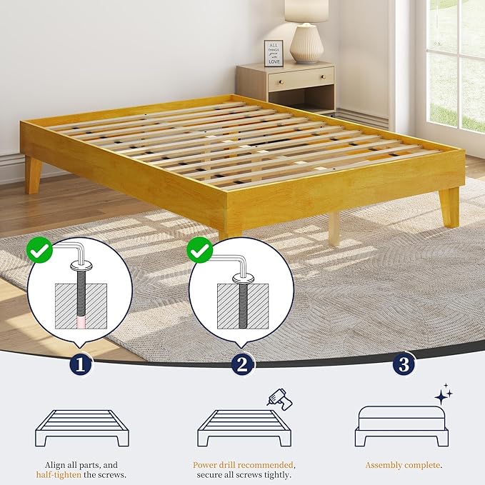 Yaheetech King Bed Frame Natural Solid Wood Platform Bed with Wooden Slats Support, 12-inch Underbed Space for Storage, Noise-Free Design, Easy Assembly, Natural Wood Finish