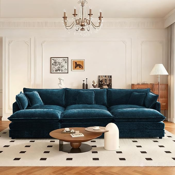 SoarFlash Chenille Sectional Sofa, Comfy Modular Coush Sofa with Ottoman, Modern 3 Seat Recliner Deep Seat Sofa Set for Living Room,Deep Blue