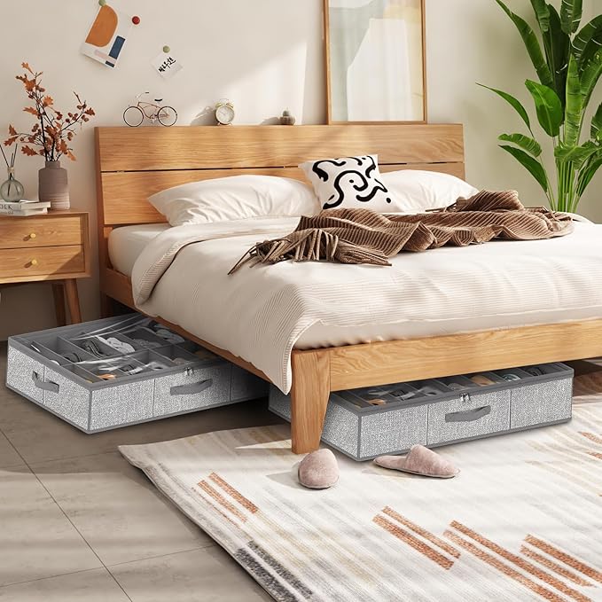 homyfort 32 Pairs Shoe Organizer Under Bed, Underbed Shoe Storage Boxes Bins, Organizador De Zapatos, Extra Large Zapateras Organizer, Grey, Set of 2