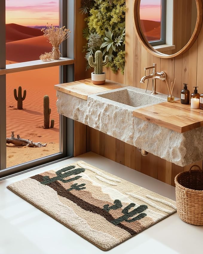 DEXI Bathroom Rug Washable, 32x20 Non Slip Bath Large Mat Absorbent, Soft Plush Microfiber Bathmat Quick Dry for Shower Floor, Desert