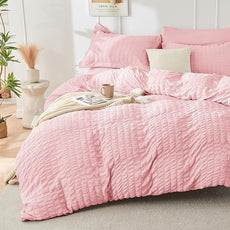 HYMOKEGE Pink California King Comforter Set Seersucker 7 Pieces, All Season Luxury Bed in a Bag for Bedroom, Bedding Set with Comforters, Sheets, Pillowcases & Shams