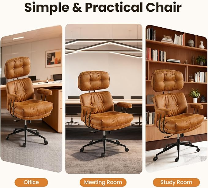 Home Office Desk Chair, Mid-Century Modern Office Chair with Adjustable Lumbar Support, Thickened Cushion Executive Desk Chair with 360 Rolling Swivel for Meeting Game Study Room(Light Brown)