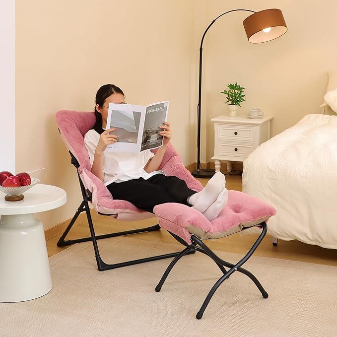 Comfy Saucer Chair for Adults, Soft Faux Fur Bedroom Chair with Ottoman, Accent Dorm Chairs, Living Room Reading Chairs and Footstool, Folding Lounge Seat for Teens, X-Large, Dusky Pink