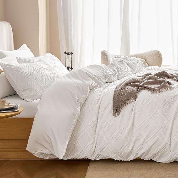 JELLYMONI Duvet Cover Full Size Bright White - 3PCS Boho Duvet Cover Set Plaid Polyester Tufted Bohemian Jacquard Knit Textured Comforter Cover 80×90in Rhombic Geometric Pattern Corner Ties & Zipper