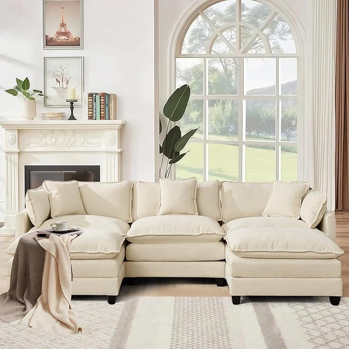 SoarFlash 113.78" Chenille Sectional Sofa, Comfy U Shaped Modular Coush Sofa with Ottoman, Modern 4 Seat Couch Deep Seat Sofa Set for Living Room,Beige