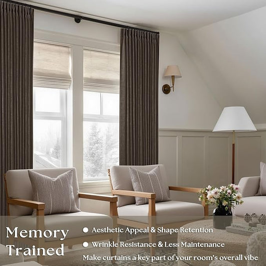 Dark Chocolate Pinch Pleated Linen Curtains 2 Panels for Living Room Bedroom Memory Training Shaped Semi Sheer Pleat Drapes with Hooks Rings Light Filtering Window Curtain 40x90