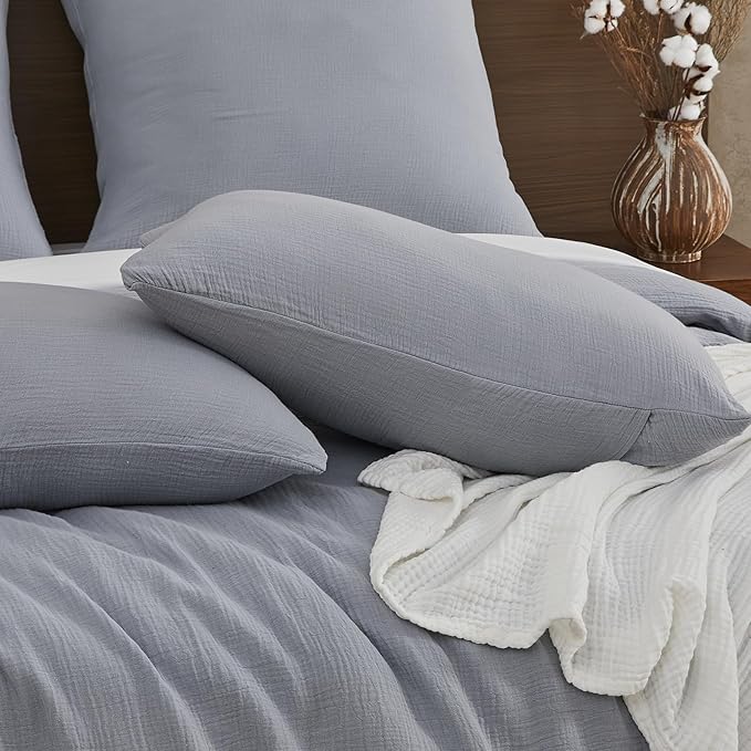 EMME Muslin Cotton Duvet Cover Set Light Grey King Size Linen Like Soft Breathable Lightweight Summer Comforter Cover Set with Zipper Closure (Light Grey, King, 104"x90")
