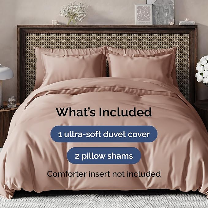 CGK Unlimited Duvet Cover Queen Size Set - Extra Soft Queen Size Duvet Cover 90 x 90 with 2 Pillow Shams - Hotel Quality, Fade Free with Zipper Closures & Ties - Bedding and Bed Linens Set (Mauve)