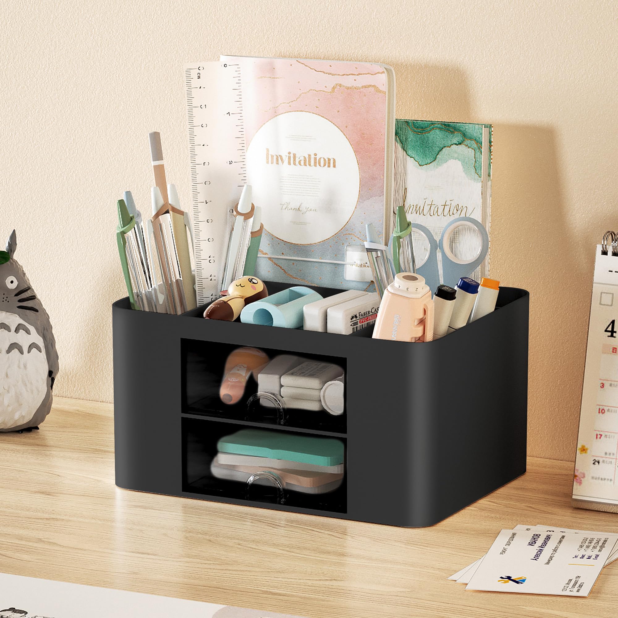 Marbrasse Pen Organizer with 2 Drawer, Multi-Functional Pencil Holder for Desk, Desk Organizers and Accessories with 5 Compartments + Drawer for Office Art Supplies (Blue) Dormly