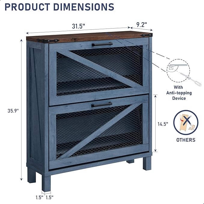 JXQTLINGMU Shoe Cabinet with 2 Flip Drawers, Farmhouse Shoe Storage Cabinet with Mesh Doors and Adjustable Shelves, Rustic Wooden Shoe Organizer, Small Shoe Cabinet Storage for Entryway, Blue