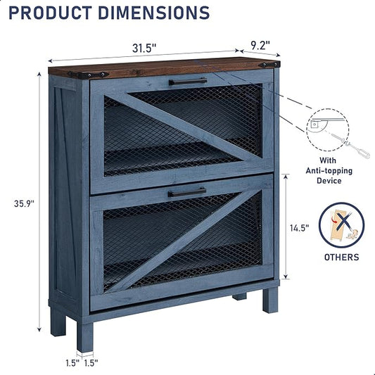 JXQTLINGMU Shoe Cabinet with 2 Flip Drawers, Farmhouse Shoe Storage Cabinet with Mesh Doors and Adjustable Shelves, Rustic Wooden Shoe Organizer, Small Shoe Cabinet Storage for Entryway, Blue
