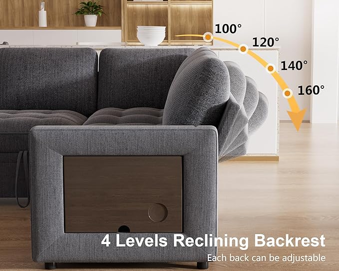 WEUP 8 Seat U Shaped Sectional Sleeper Sofa Bed with Pull Out Bed, Chenille Sectional Sleeper Couch with Adjustable Backrest, USB Ports, LED, Side Table, Tool-Free Assembly, Chenille Dark Grey