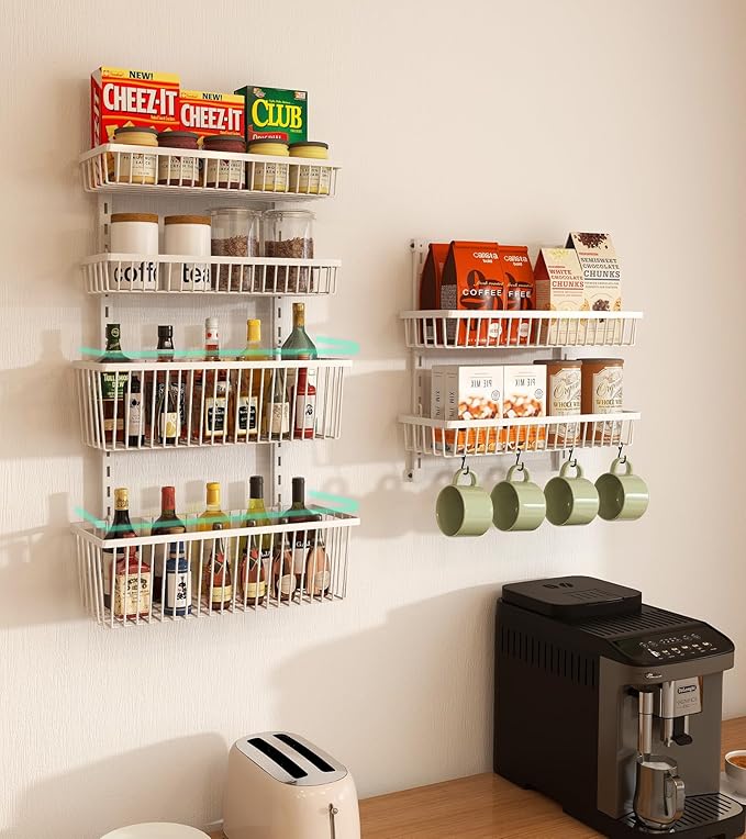 Over The Door Pantry Organizer, Pantry Organization and Storage, 6-Tier Deep Baskets Hanging Heavy-Duty Metal, Wall Spice Rack Seasoning Shelves for Home & Kitchen, Laundry Room Bathroom, White