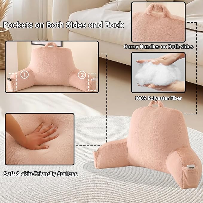 Reading Pillow for Sitting in Bed, Large Backrest Reading Pillow with Arm Rest,Back-Rest Support Cushion for Sit Up on Couch, Sofa, and Floor, Dorm Essentials (Shell Pink Faux Fur, Large(19"))