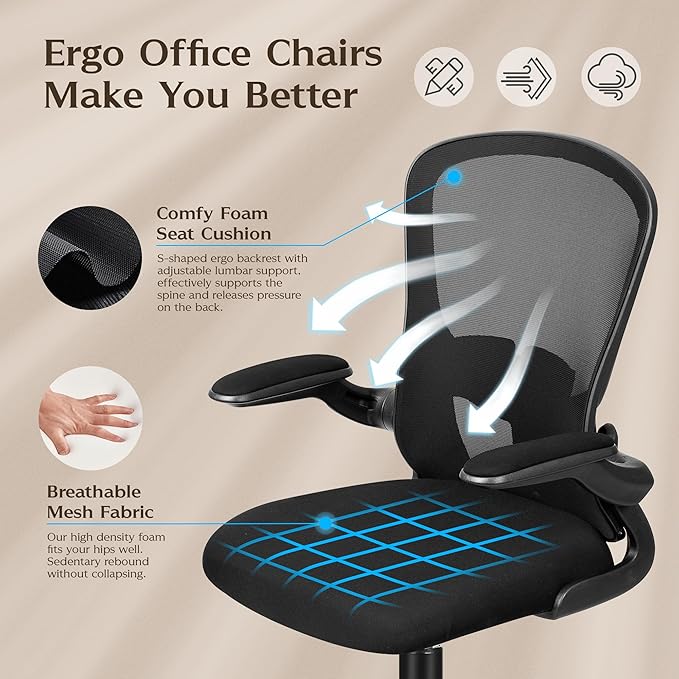 FelixKing Office Desk Chairs, Ergonomic PC Desk Chair with Wheels, Adjustable Lumbar Support and Height, Swivel Computer Chair with Flip-up Armrests, Ergo Mesh Backrest for Working (Black, Pack of 10)
