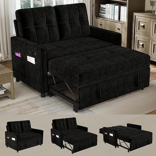 3 in 1 Convertible Sleeper Sofa Bed, Pull Out Couch with Charging Station, Corduroy Small Loveseat Sleeper Sofa with Adjustable Backrest for Apartment, Bedroom, Small Space（Black）