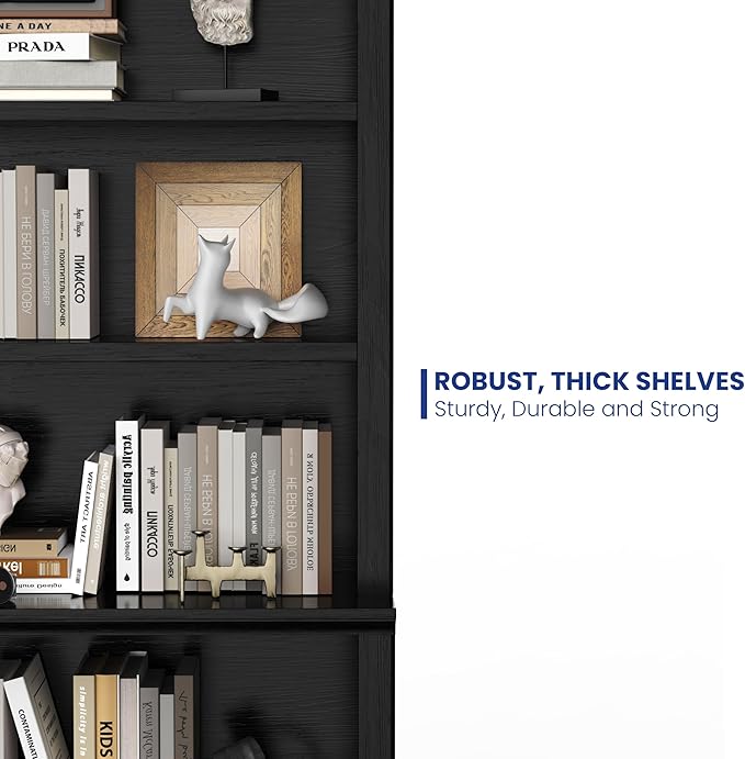 72 in Tall Bookcase, Black 31.3 in Wide Floor Standing Bookshelf, 5 Tier Large Floor Standing Display Storage Shelves with Adjustable Shelves for Living Room Hallway Home Office Bedroom