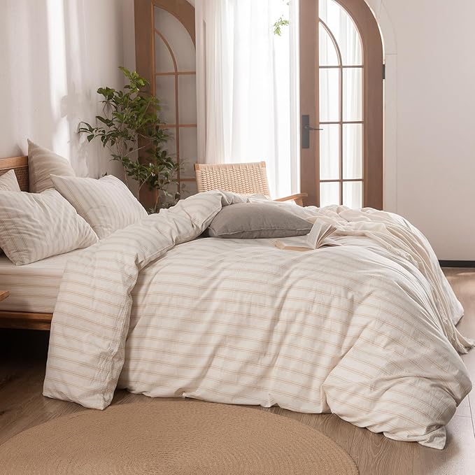 BESTOUCH Duvet Cover Set 100% Washed Cotton Linen Feel Super Soft Comfortable Chic Lightweight 3 PCs Home Bedding Set White & Almond Grey Stripes Queen