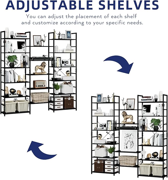 NUMENN Triple Wide 6 Tier Bookshelf, Rustic Industrial Style Bookcases and Bookshelves with 17 Open Display Shelves, Modern Tall Bookcase Furniture for Bedroom, Living Room and Home Office, Black