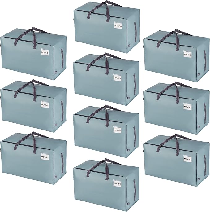 VENO 10 Pack Moving and Storage Bags, Heavy Duty, Alternative to Moving Boxes, Large Packing Totes Supplies for College Dorm Room with Zipper for Clothes, Wide Open Design (Light Blue Matte, 10 Pack)