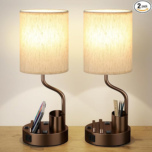 Bedside Table Lamps for Bedroom Set of 2 - Nightstand Lamp with AC Outlet Charging Port and USB A C, 3 Color Temperatures, Included Phone Holder & Pen Holder, Brown Night Stand Lamps for Guest Room