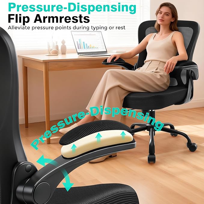 Office Chair - Ergonomic Breathable Mesh Desk Chair with Adjustable Lumbar Support and Flip-up Armrests - Executive High Back Rolling Swivel Comfortable Computer Gaming Chair for Home Office