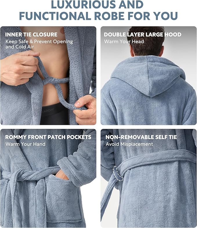 DAVID ARCHY Men's Hooded Robe Soft Coral Fleece Microfiber Bathrobe