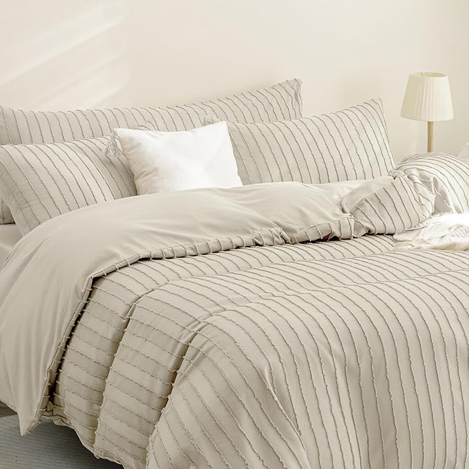 JELLYMONI Duvet Cover King Size Light Khaki - 3PCS Boho Striped Duvet Cover Set Polyester Tufted Bohemian Textured Comforter Cover with Corner Ties & Zipper Closure