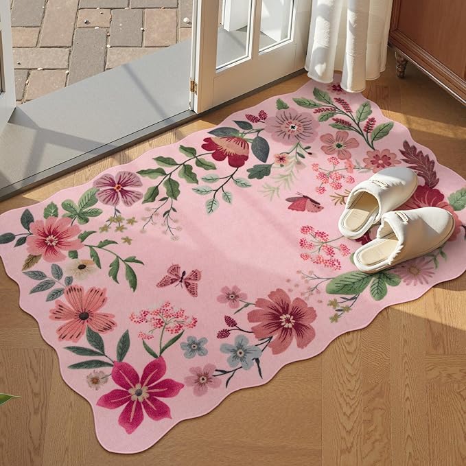 Lahome Floral Washable Entryway Rug, 2X3 Soft Kitchen Rugs Non-Slip, Ultra-Thin Door Mat Indoor Entrance Stain Resistant Boho Small Throw Carpet for Bathroom Bedroom Entry, Pink