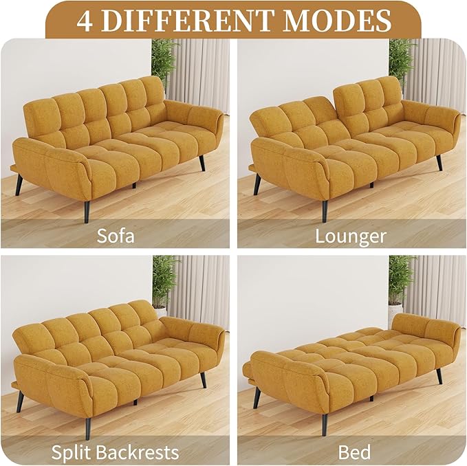 Futon Sofa Bed, Convertible 77" Modern Linen Futon Couch, Comfy Sleeper Sofa with Adjustable Backrests, Couch Bed for Small Spaces, Living Room, Bedroom, Apartment, Golden Yellow
