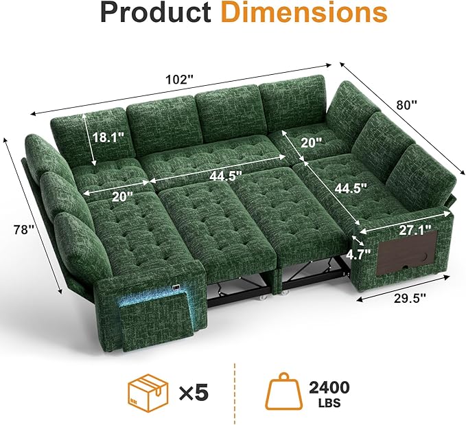 WEUP 8 Seat U Shaped Sectional Sleeper Sofa Bed with Pull Out Bed, Chenille Sectional Sleeper Couch with Adjustable Backrest, USB Ports, LED, Side Table, Tool-Free Assembly, Chenille Green