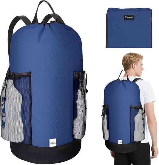 BALEINE 120L Laundry Bag Backpack, 900D Oxford Fabric Large Travel Laundry Bags with Shoulder Straps and 2 Mesh Pockets for College Dorm, Apartment, Laundromat (Navy, 120L)