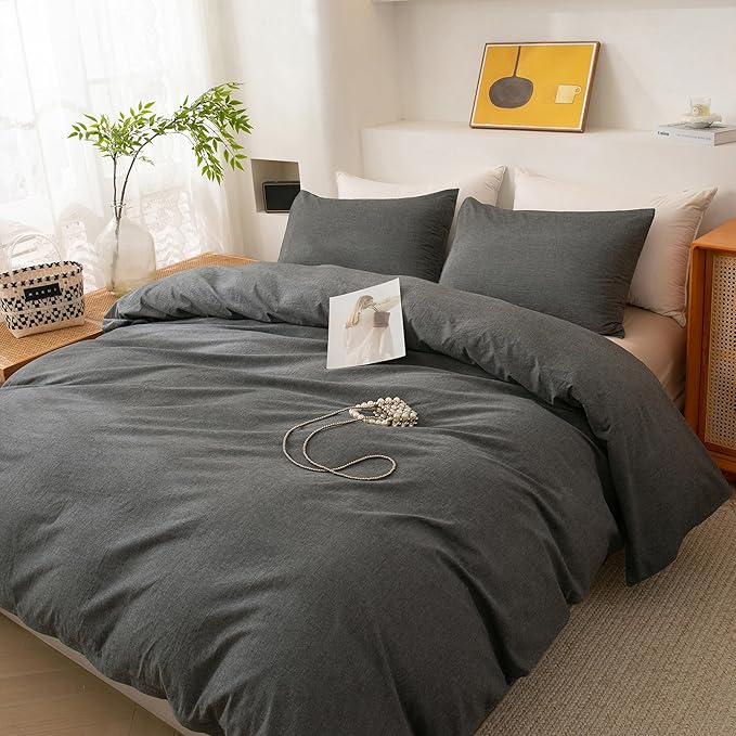 ECOCOTT Grey Duvet Cover King Size, 100% Washed Cotton 1 Duvet Cover with Zipper and 2 Pillowcases, Ultra Soft and Easy Care Breathable Cozy Simple Style Bedding Set (Dark Grey)
