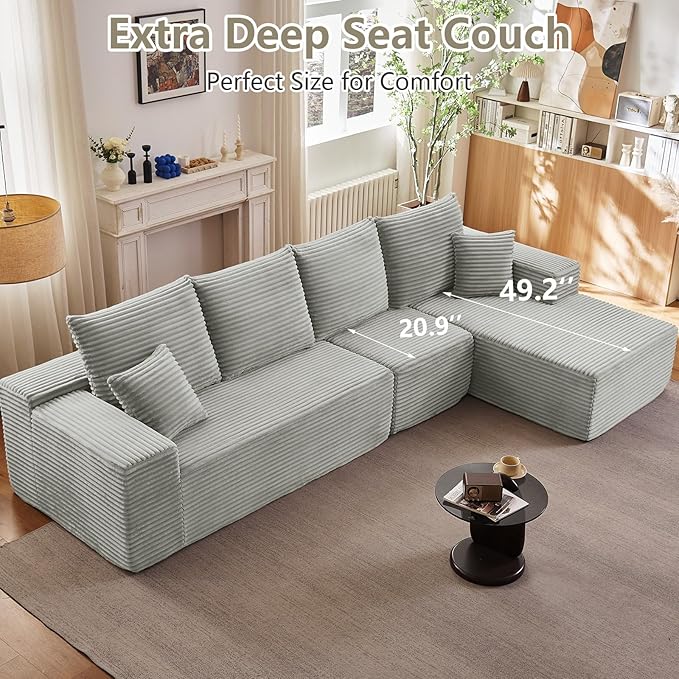 135" Cloud Sectional Couch with L-Shape Chaise, Modern Modular Comfy Sofa Chaise Longue, Upholstered Corduroy Couches Sleeper with Deep Seat for Living Room Bedroom, No Assembly Required, Grey