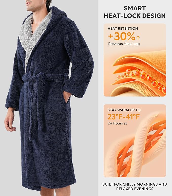 DAVID ARCHY Men's Hooded Robe Soft Coral Fleece Microfiber Bathrobe