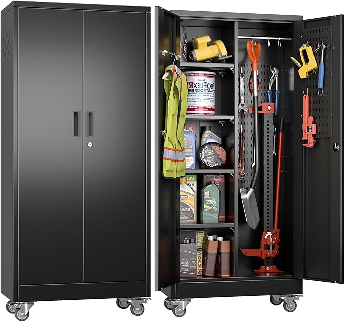 SUXXAN Broom Closet Storage Cabinet with Wheels 61.6"x 27.5"x11.7", Metal Cleaning Cabinets with Hooks and Hanging Rods, Lockable Cabinet with Pegboard, Adjustable Shelf,for Garage, Laundry Room