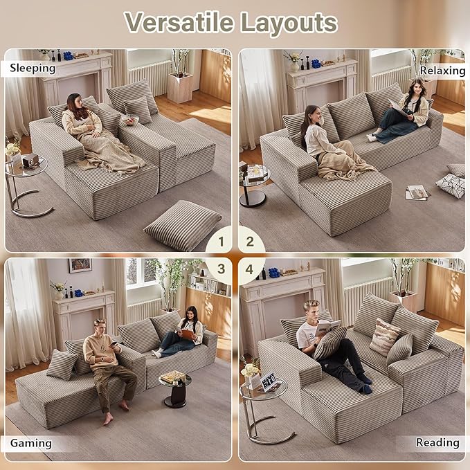 107" Cloud Sectional Couch with L-Shape Chaise, Modern Modular Comfy Sofa with Deep Seat, Upholstered Corduroy Couches Sleeper Chaise Longue for Living Room Bedroom, No Assembly Required, Camel