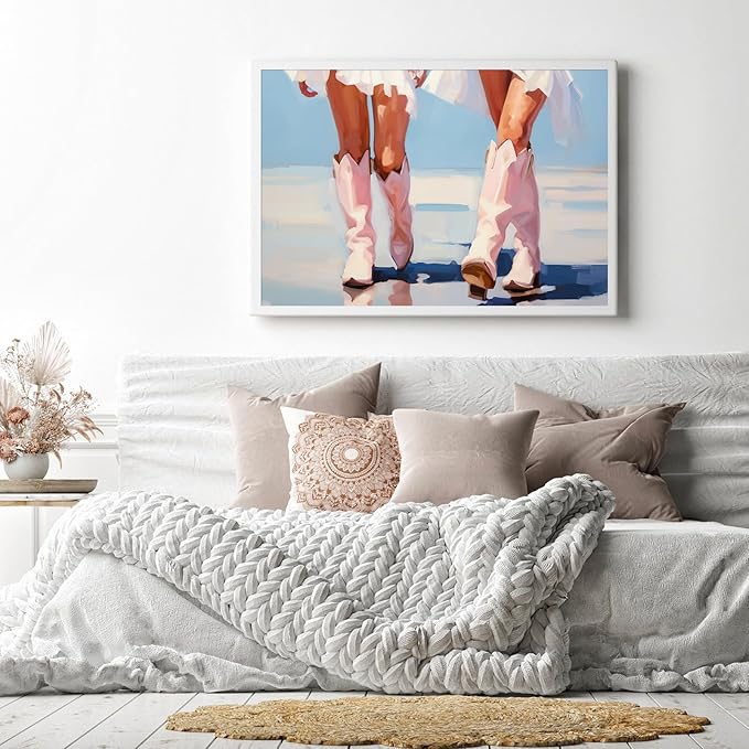 Cowgirl Boots Poster - Pink and Blue Western Boot Print Wall Art for Room Decor, Preppy Dorm, Trendy Women Aesthetic, Apartment - UNFRAMED 16 X 24 in