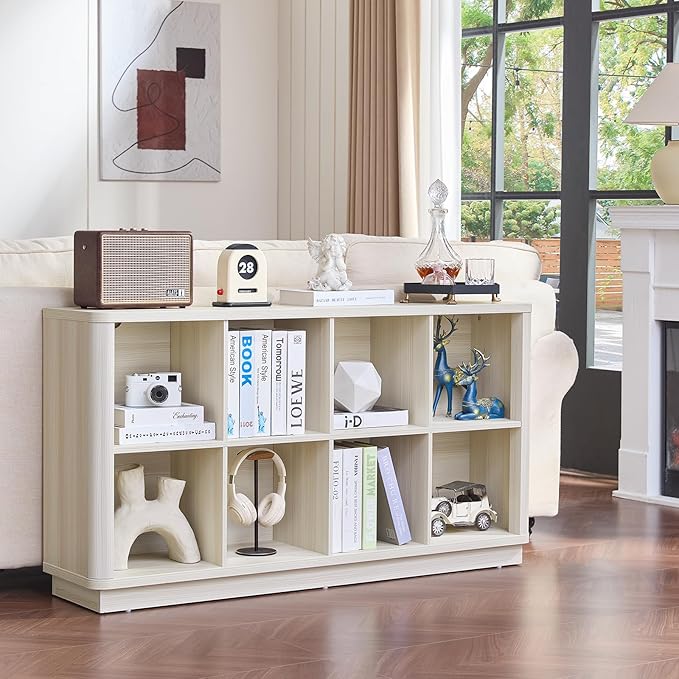 8 Cube Storage Bookcase, 52" Long Horizontal Book Shelf w/Curved Edge, Wood Floor Standing 2-Tier Cubby Console Bookshelf with Base, Modern Low TV Stand for Living Room, White Cream Oak