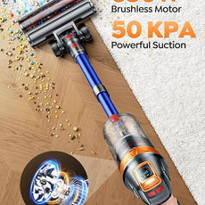 Cordless Vacuum Cleaner, 650W with Extra Mattress Cleaning Tool, 50KPA Stick Vacuum Cleaners for Home 65 Mins Runtime, Self-Standing, Wall Mount Charging, Rechargeable Vacuum for Floor Carpet Pet Hair