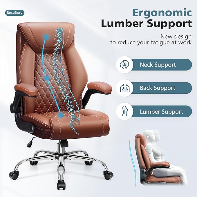 Office Chair, Ergonomic High Back Home Office Desk Chair, Big and Tall Breathable Leather Office Chair with Lumbar Support Flip-Up Armrests, Computer Chair with Rocking Function